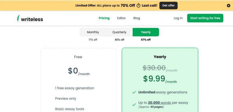 Writeless AI Pricing Screenshot