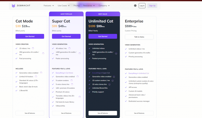Zebracat.ai Pricing Screenshot